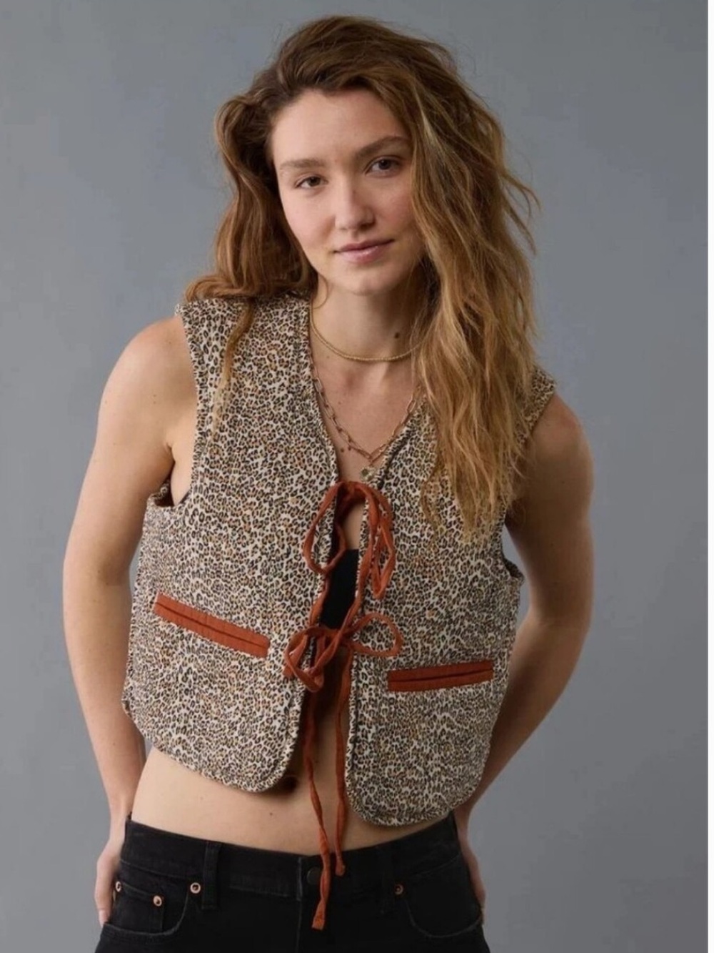 American Eagle Outfitters AE Reversible Leopard Tie Front Quilted Vest